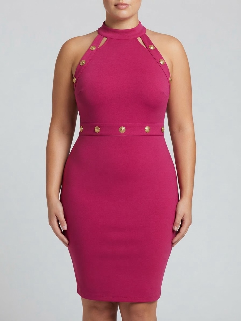 Karen Millen Pink Bodycon Dress Gold Lion Button Cutout Halter Size 12 Party